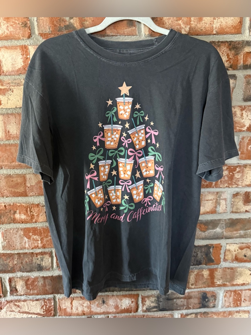 Comfort Colors Pepper ‘Merry and Caffeinated' Holiday Iced Coffee Tree Tee